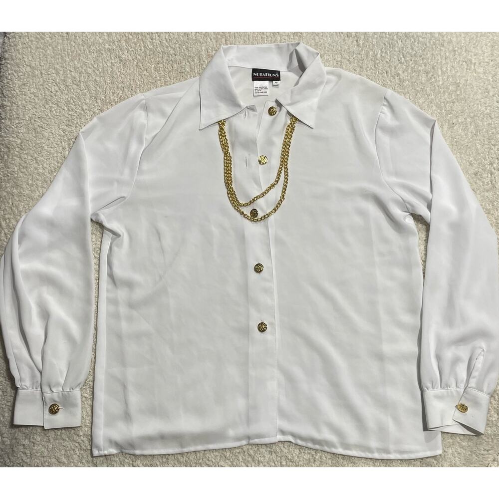 VTG Notations Womens Sz 10 Long Sleeve Shirt Gold Chain Necklace White